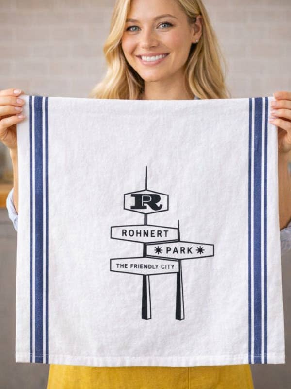 Rohnert Park Friendly City Sign Tea Towel with Blue Stripes for wholesale by Luma Vintage
