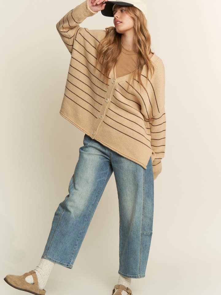 Taupe Drop Shoulder V-Neck Knit Cardigan for wholesale on Faire5