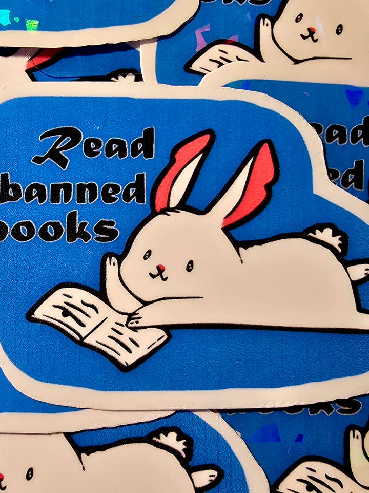 Read Banned Books Library Bunny Sticker // Glossy or glitter for wholesale by Femmearchist