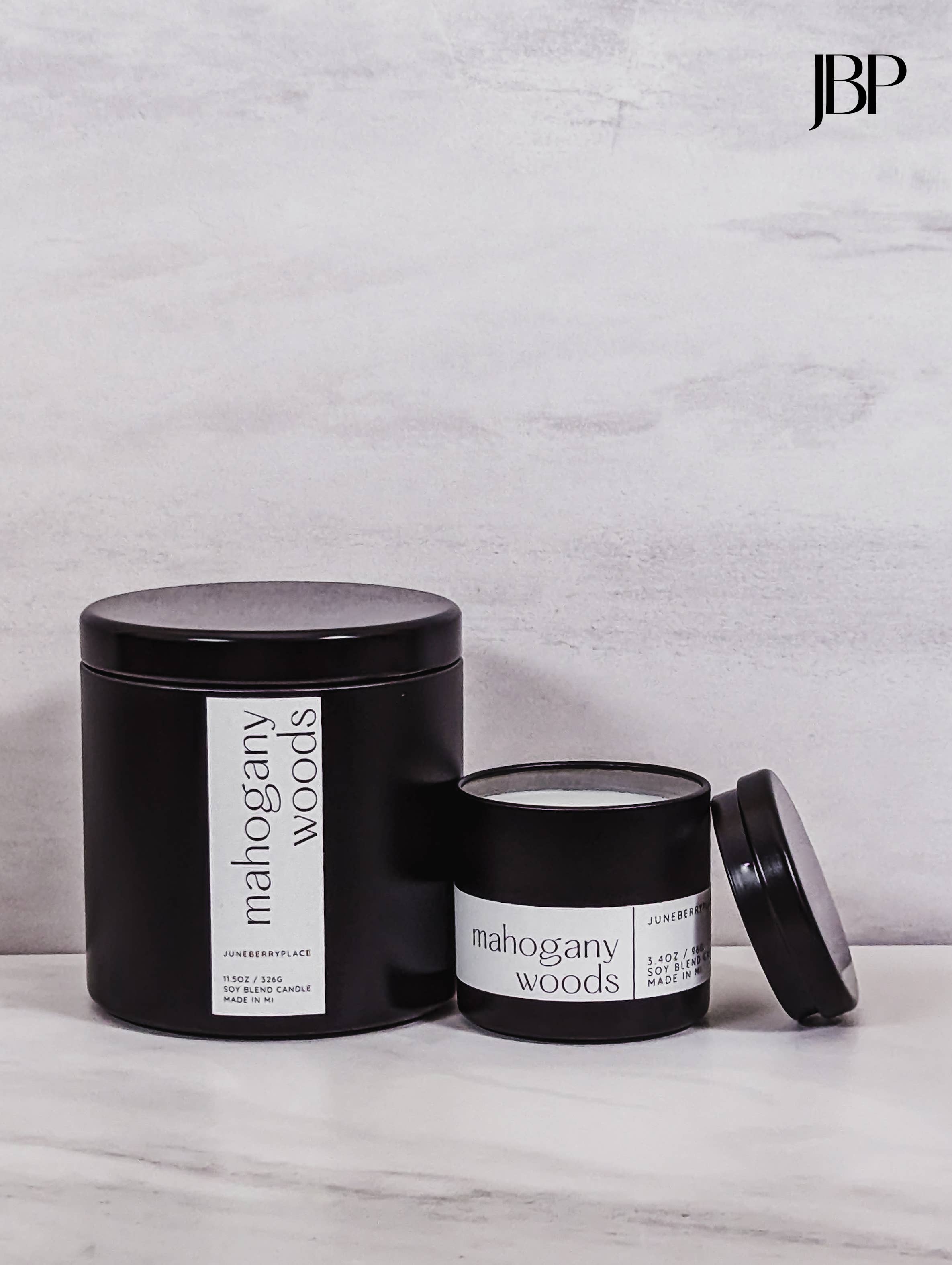 juneberryplace home fragrances - Candles, Diffusers & Sprays - Wholesale Jar/Filled Candle - Mahogany Woods Mini Candle, 25hr burn, Crackling Wood Wick1