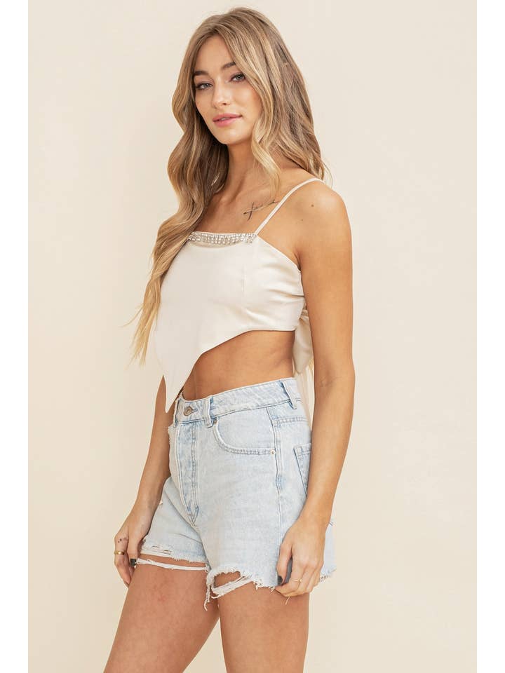 Beige CT8044A - Rhinestone Trim Scarf Tie Women's Tee for wholesale on Faire1