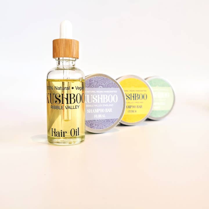 Kushboo Soaps & Skincare - Vendita all'ingrosso Oli per capelli - Olio condizionante per capelli, pipetta in bambù, bottiglia di vetro (50 ml)