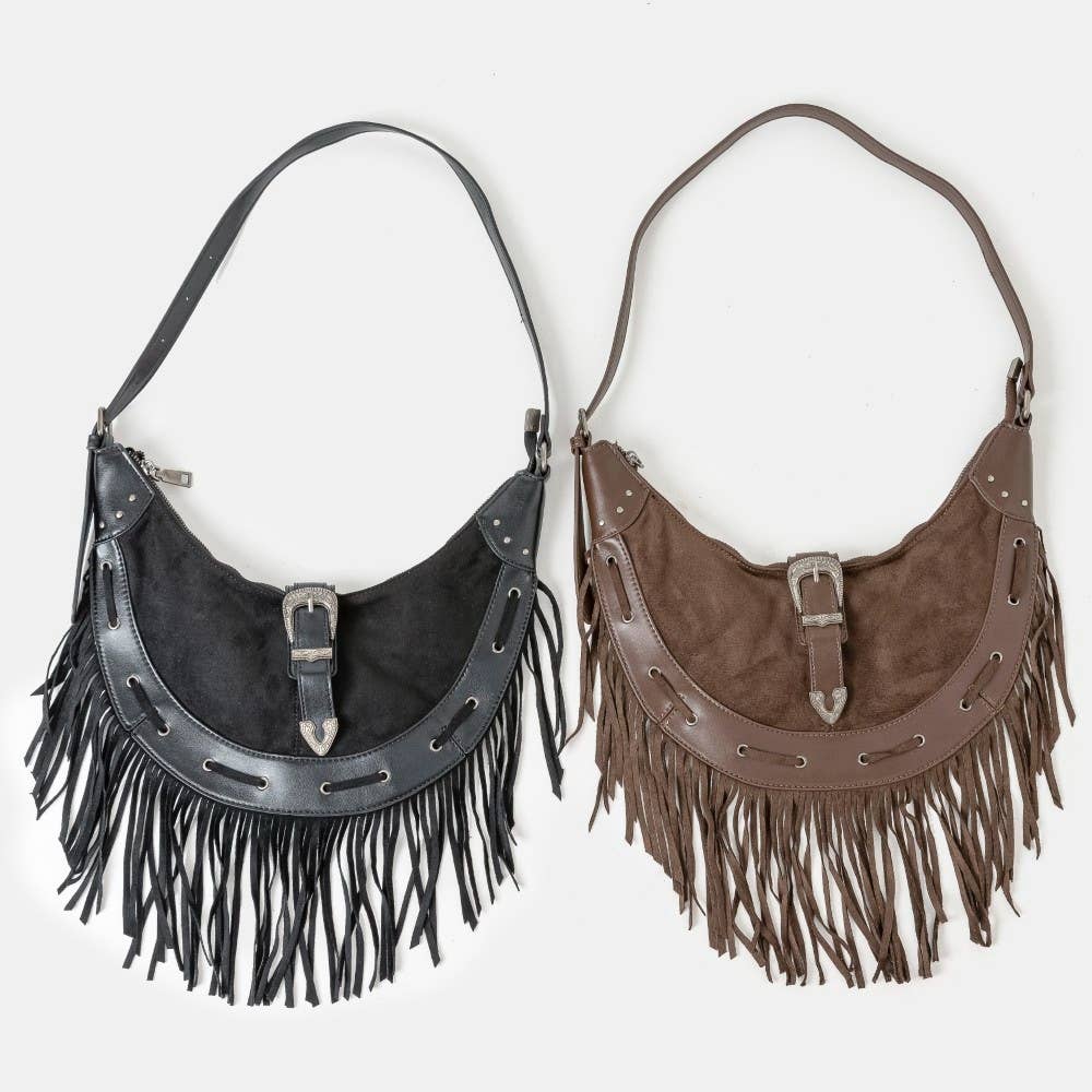 Collections by Fame Accessories - Wholesale Shoulder Bag - Women's - Leather Belt Decor Fringe Hobo Shoulder Bag4