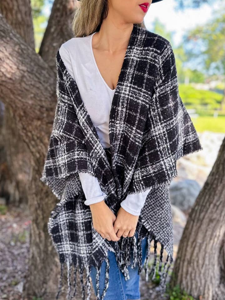 Black Plaid printed Reversible Knit Ruana Cape Cardigan for wholesale by AMOLI