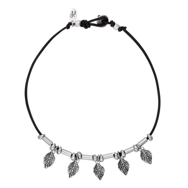 Collar cuero zamak hojas plata chapado 40cm para venta al por mayor de Gloria Mago