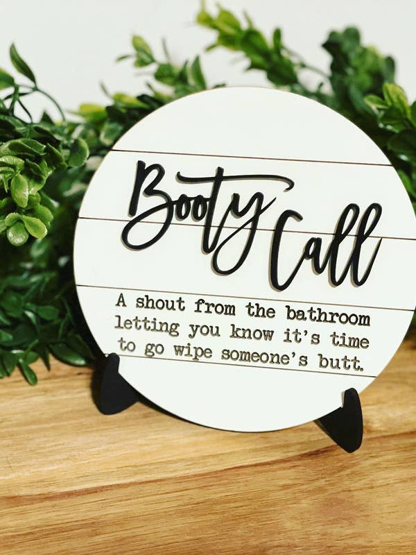 Booty Call - 6" Round Shiplap Bathroom Sign for wholesale by bluefortytwodesigns
