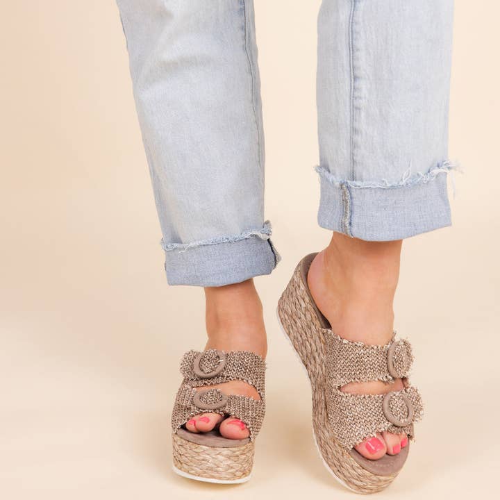 Eriwen Buckle Wedge in Taupe and other Purchase Wholesale wedge sandals. Free Returns & Net 60 Terms on Faire trending on Faire.