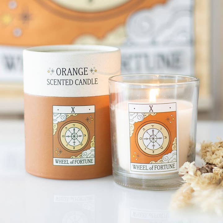 The Wheel of Fortune Vintage Tarot Card Orange Candle for wholesale by Something Different Wholesale
