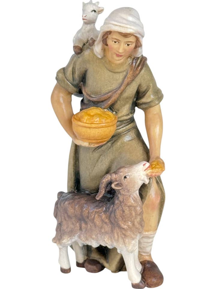 Wooden Shepherd with Goats and Lamb – Val Gardena Handcrafted Sculpture for wholesale by Dolfi