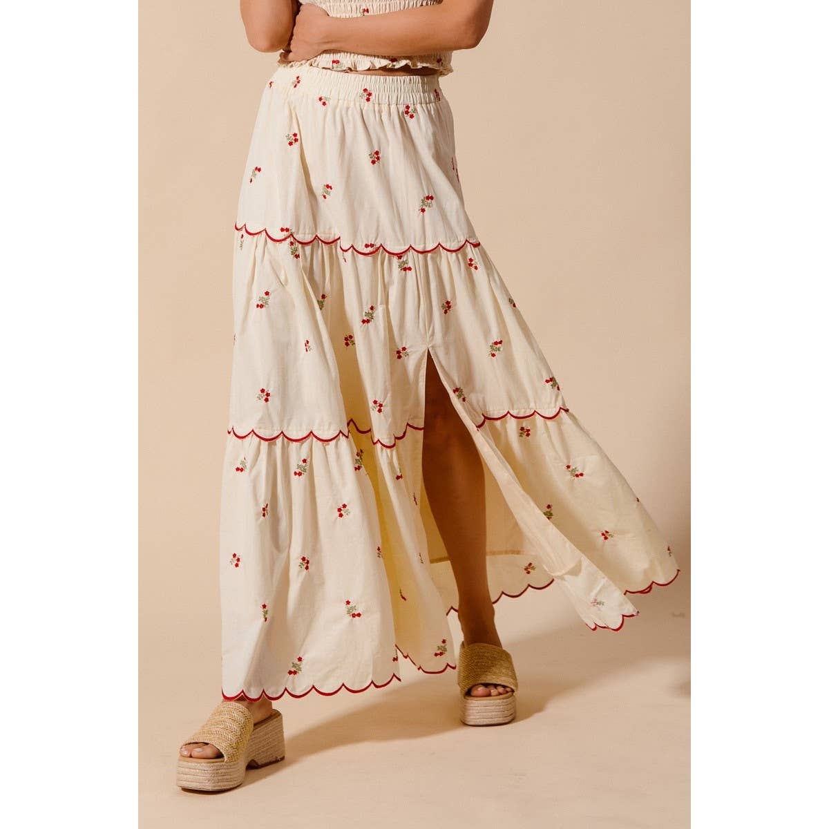 CREAM FLORAL EMBROIDERED SMOCKED TOP ELASTICIZED WAIST for wholesale on Faire9