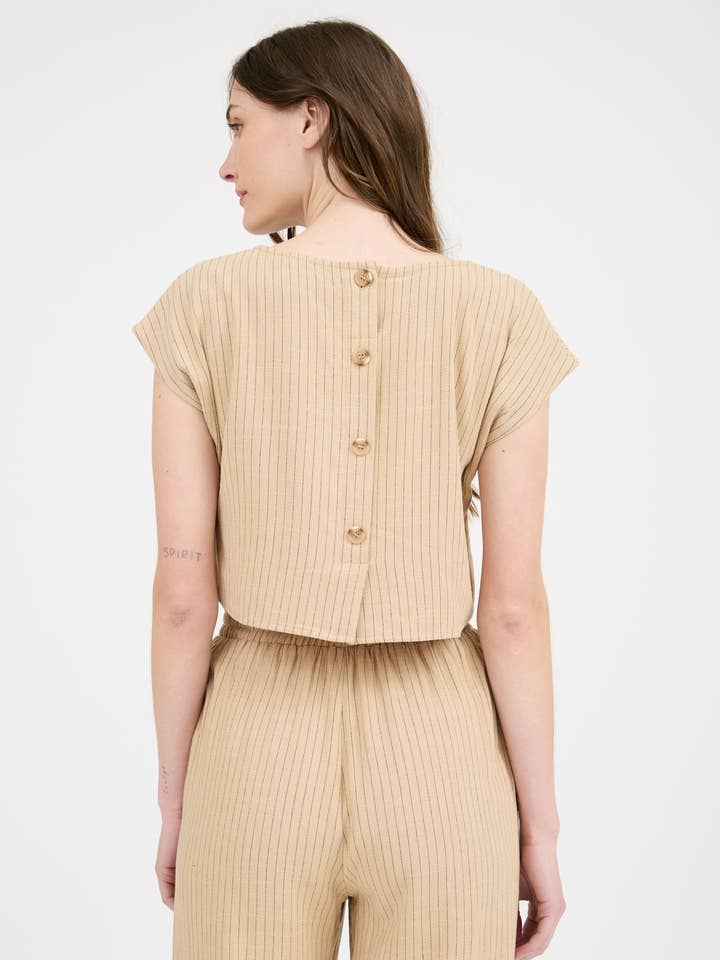 Blu Pepper - Wholesale Blouse - Dames - PINSTRIPE ACHTERKNOOP KORTE MOUW LINNEN TOP1