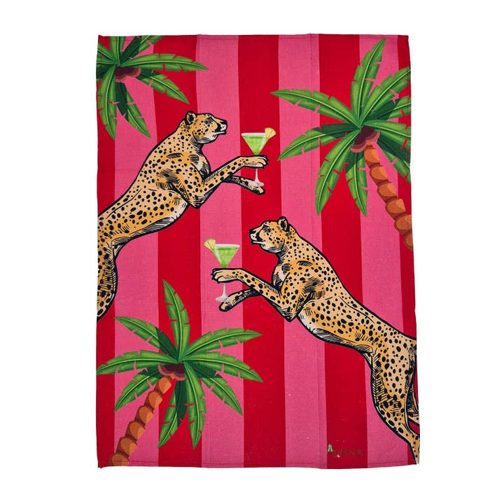 Cocktail Cheetah Red & Pink Striped 100% Linen Tea Towel for wholesale by Queen K