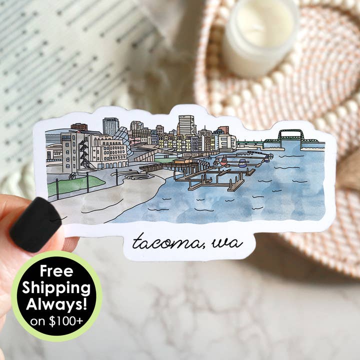 Sparks House Co. - Wholesale Sticker - Tacoma Washington skyline sticker for laptops, cityscape art