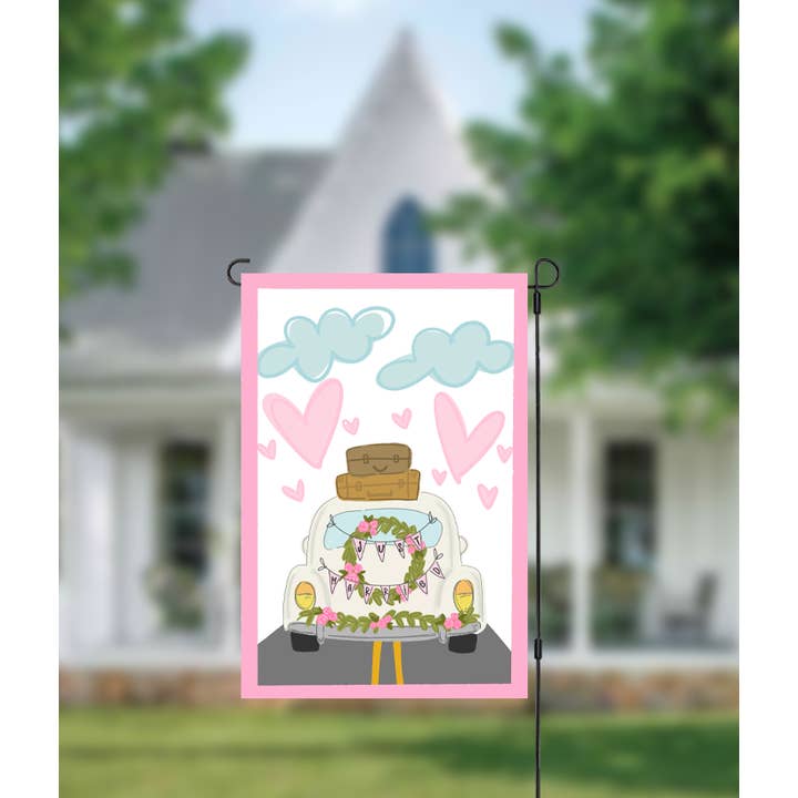 Just Married Car with Garland Garden Flag for wholesale by Doodles By Rebekah