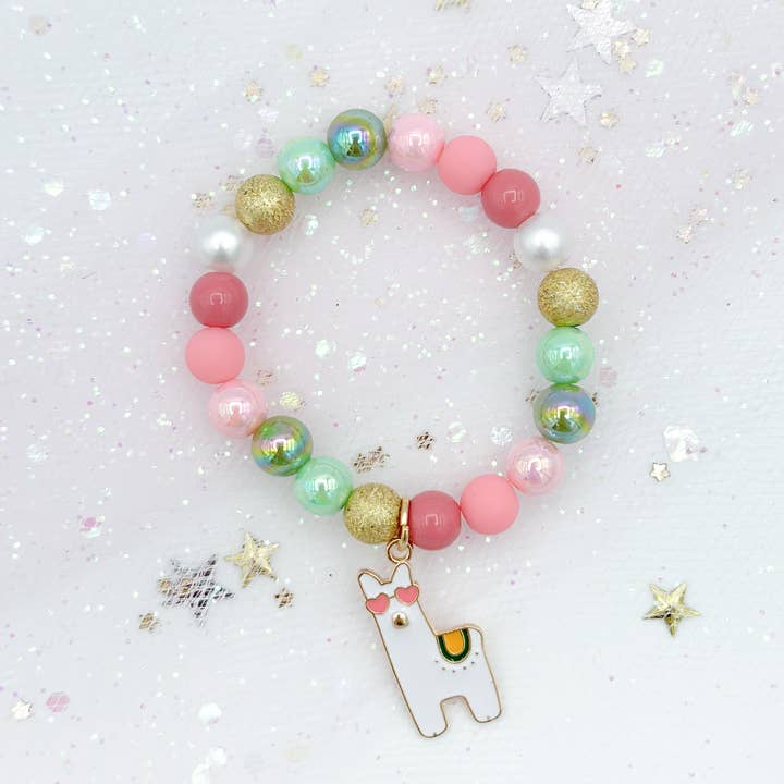 Peach Tree & Co. – wholesale Pärlarmband – Barn – Rosa och grönt pärlarmband för barn med lama charm, flickor