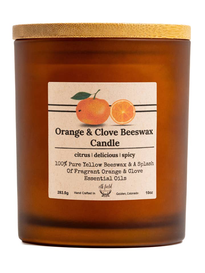 Orange & Clove Yellow Beeswax Candle 10oz for wholesale by Elk Field Home Goods