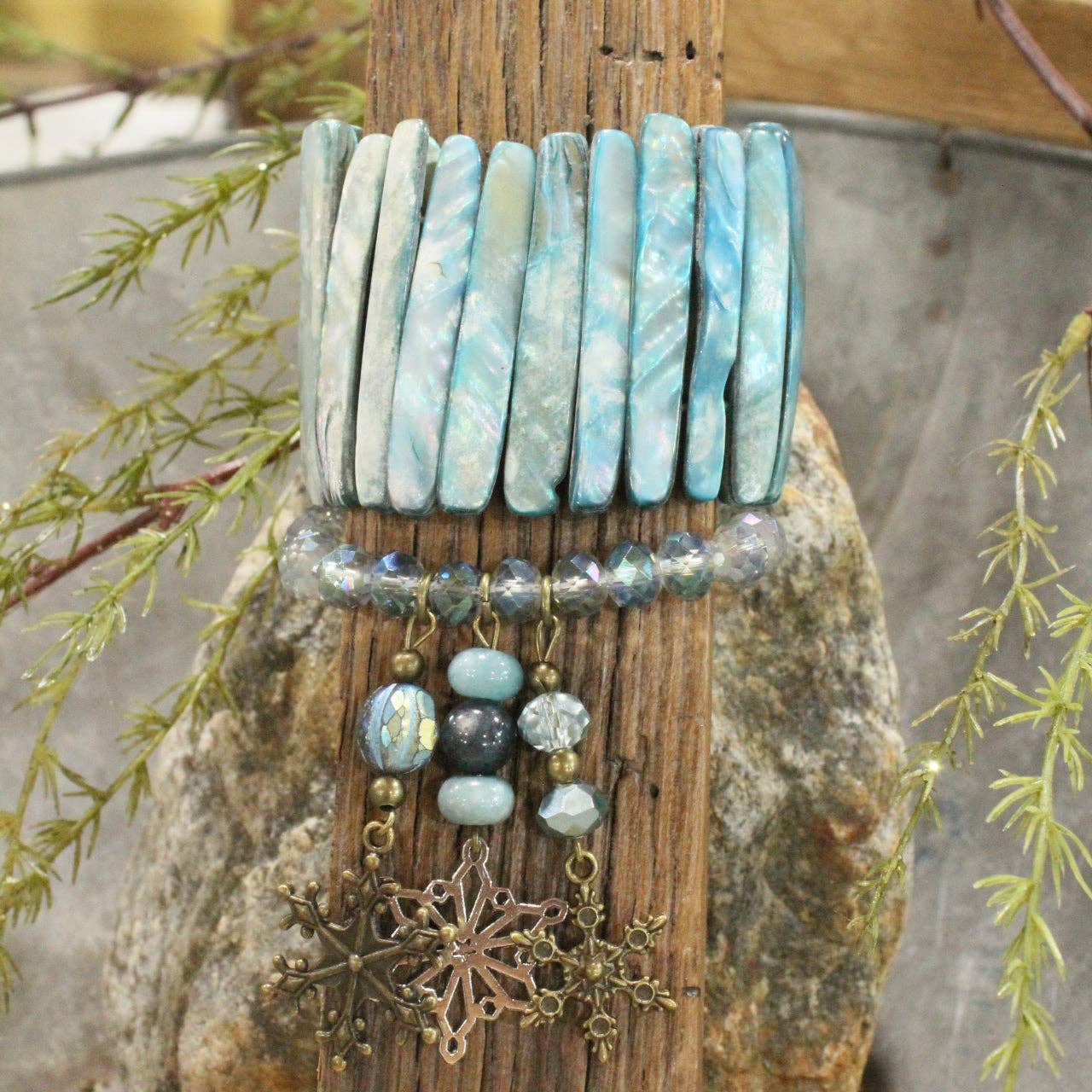 The Primitive Peddler, Inc. - Wholesale Charm/Dangle Bracelet - Snowflakes Falling Shades Of Blue Bracelet Set1