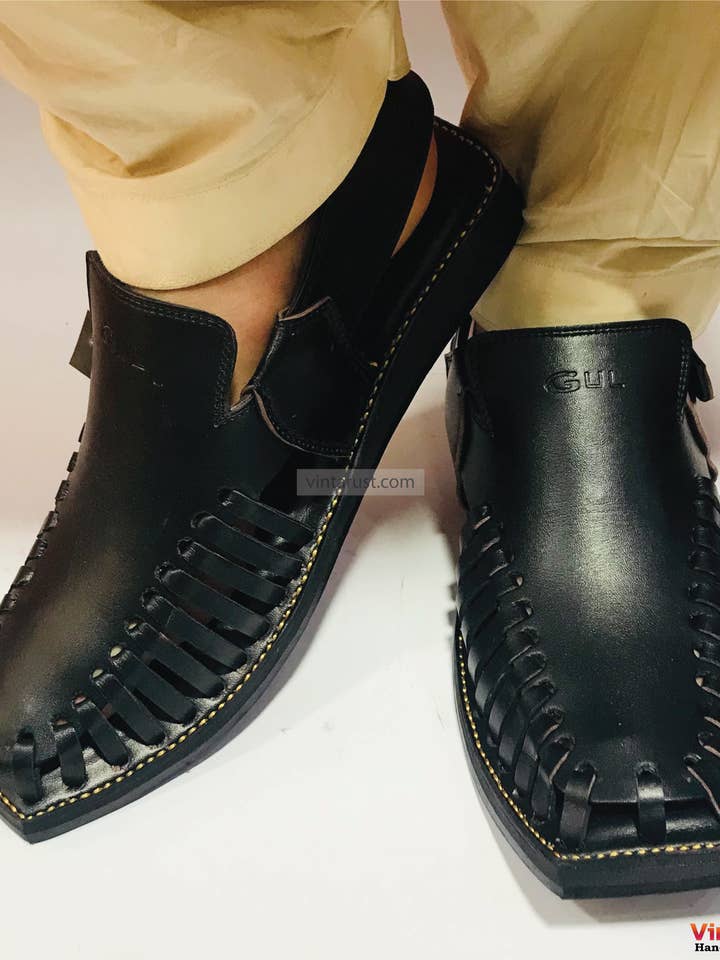 Handgefertigte schwarze Peshawari Chappal für Herren, stilvolle schwarze Schuhe für den Großhandel von vintarust