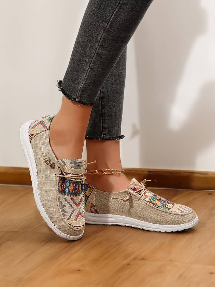 Beige Geometric Lace-up Decor Slip On Shoes for wholesale on Faire2