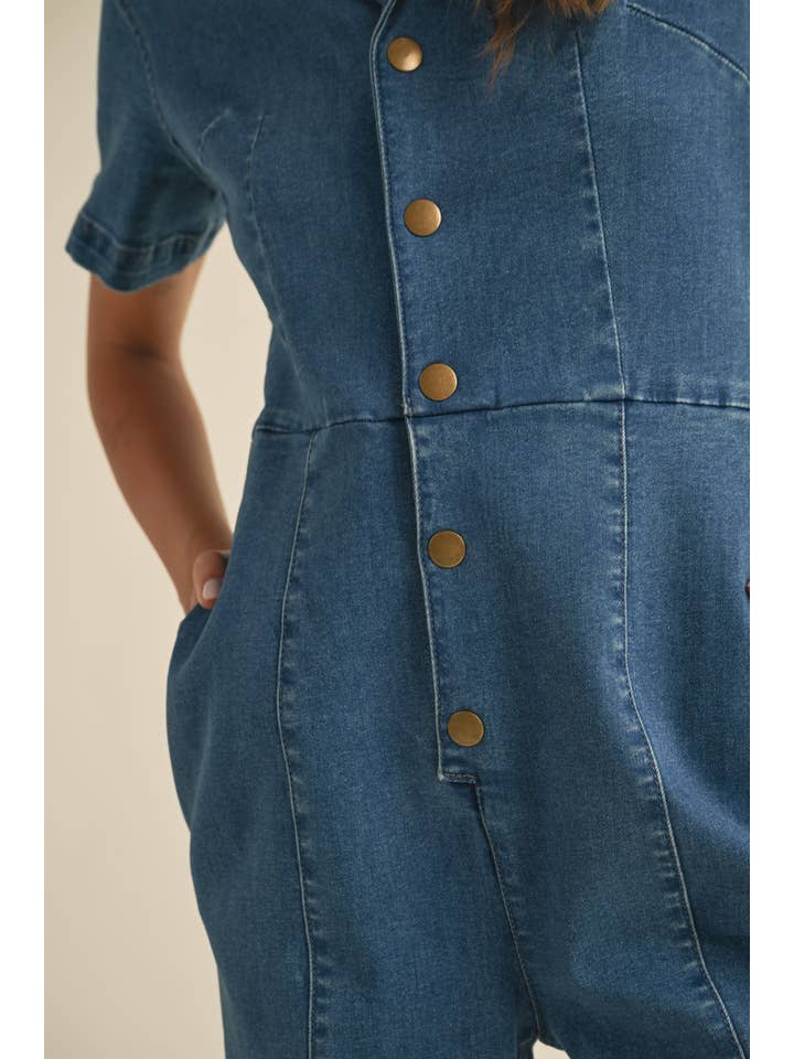 JU3631 STRETCH DENIM BUTTONDOWN JUMPSUIT for wholesale on Faire