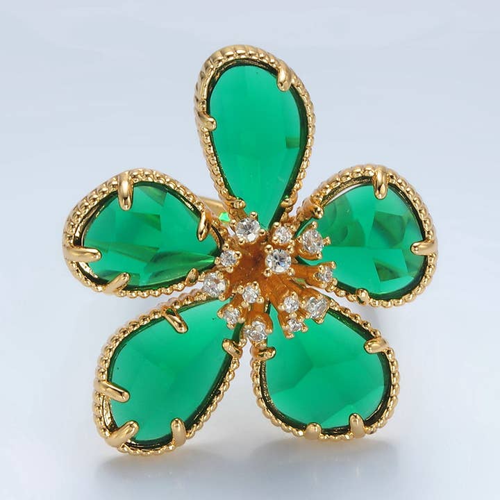 24K Gold Filled Green Acrylic CZ Paved Daisy Ring | O1411 for wholesale by Aim Eternal