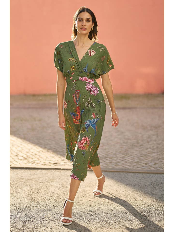 Yumi Green Bird and Floral Print Ruched Waist Kimono Midi Dress for wholesale on Faire