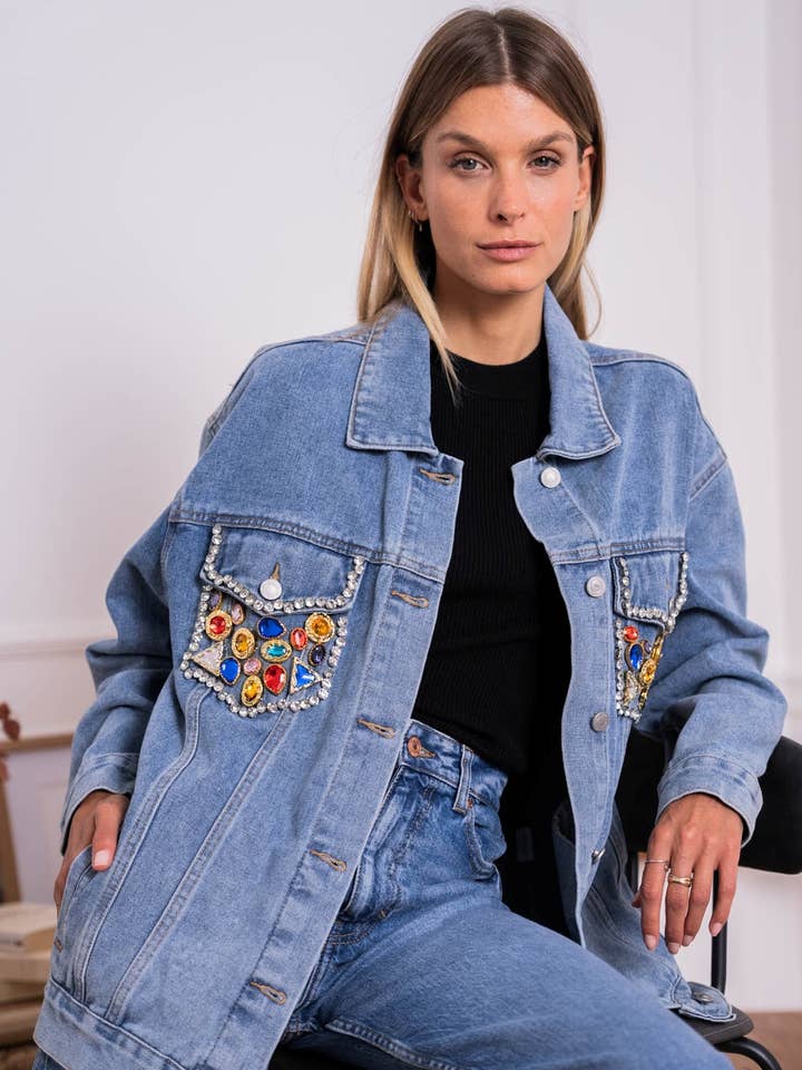 Giacca di jeans con strass colorati - GLENDA 2303 per la vendita all'ingrosso da parte di GOLDEN LIVE PARIS