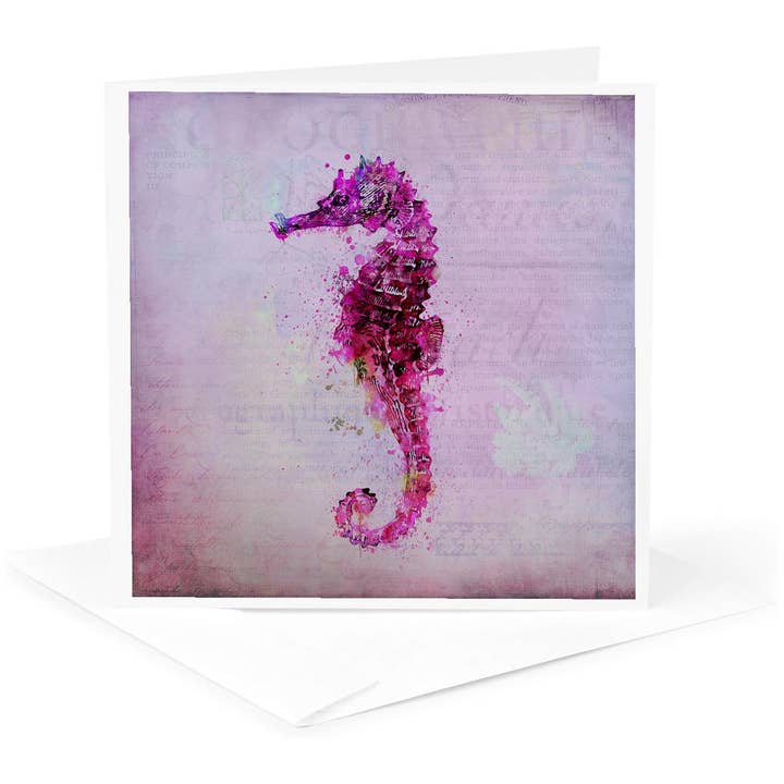 3dRose, Illustration de hippocampe style vintage en couleur pastel rose, Carte de vœux pour la vente par 3dRose