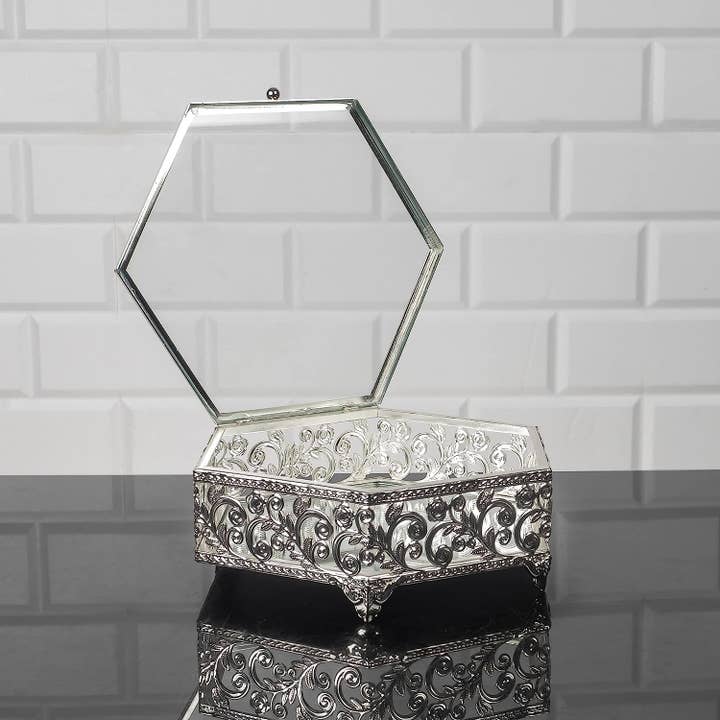 Hakan - Wholesale Jewellery box/organiser - Hexagon Display Case with Lid, Vintage Jewelry Box, 7.9"