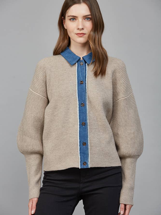 CAMISOLA DE MALHA CANELADA COM DETALHE DE GOLA E BOTÕES EM DENIM FW14175 por atacado de FATE