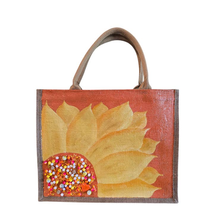 Hand Painted Yellow and Orange Sunflower Tote Bag for wholesale by Dana's Uncommon Glass
