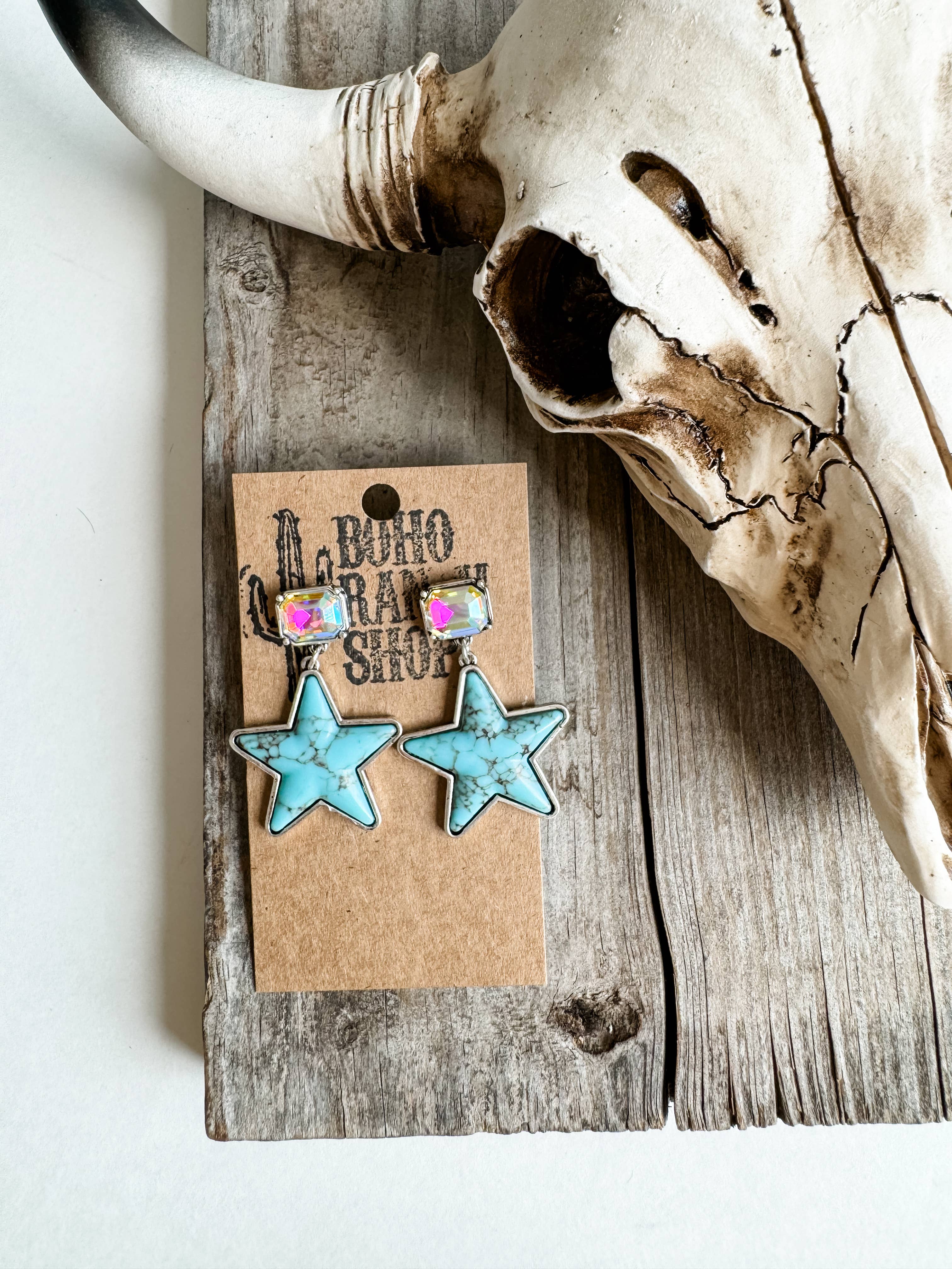 Boho Ranch Shop - Vente Boucles d'oreilles pendantes - Boucles d'oreilles Western Star Cactus avec strass2
