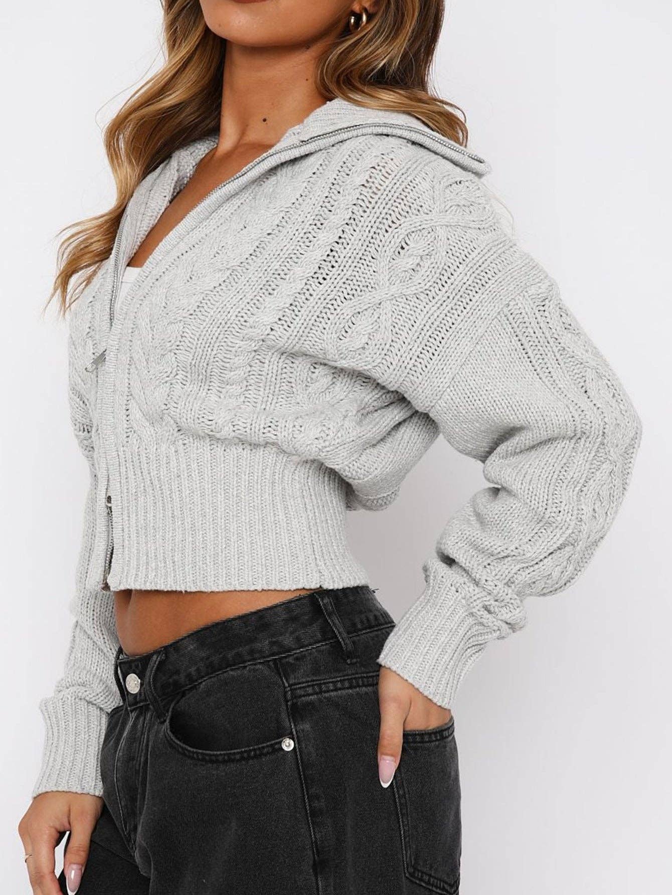 Suhkasana - Venta al por mayor Sudadera con capucha - Mujer - Chaqueta con capucha de punto sólido para mujer, suéter corto de manga larga con cremallera.4