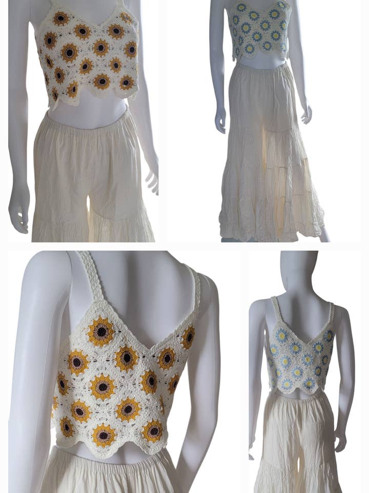 TSTT2583 Blomstret Hæklet Crop Top - Blå og Gul for engroshandel hos Evergreen Guardian Imports