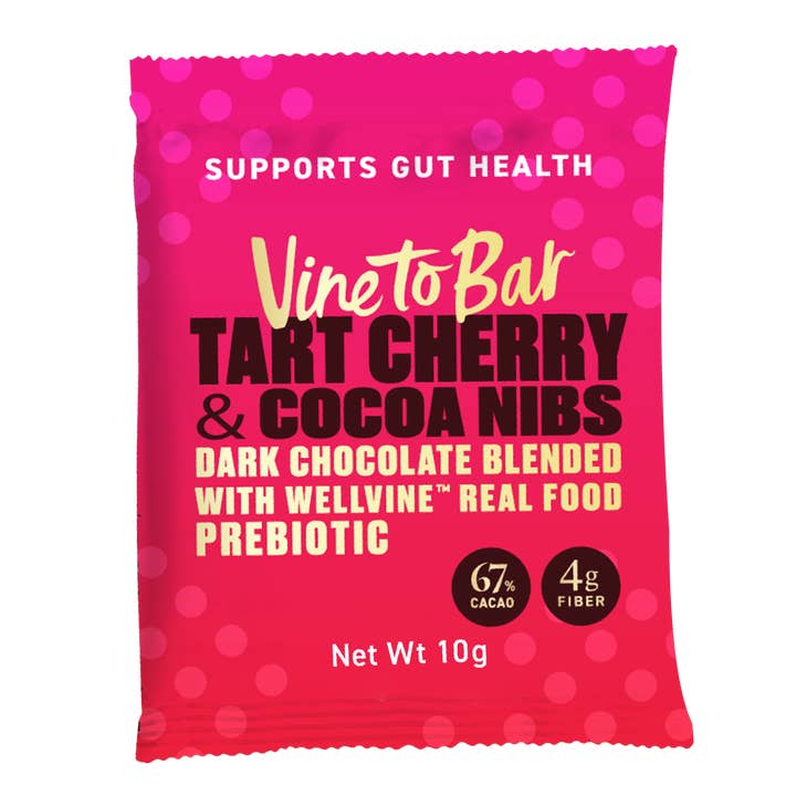 200-count Box Dark Chocolate with Tart Cherry and Cocoa Nibs Tasting Squares for wholesale by Vine to Bar Chocolate