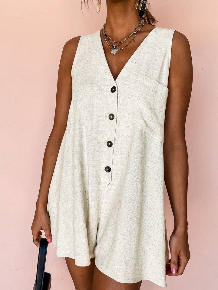 Beige V Neck Buttoned Front Chest Pocket Sleeveless Romper for wholesale by EG fashion