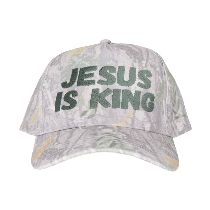 Jesus is King Embroidered Camo Trucker Hat for wholesale by Stitch Your Style
