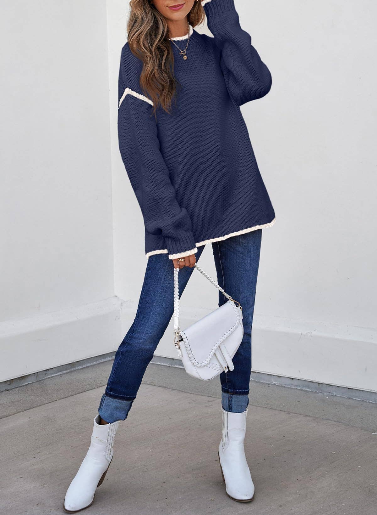 Anna Kaci Wholesale - Wholesale Knit Sweater - Women's - Crew Neck Knit Sweater with Red Trim Detail and Long Sleeves13