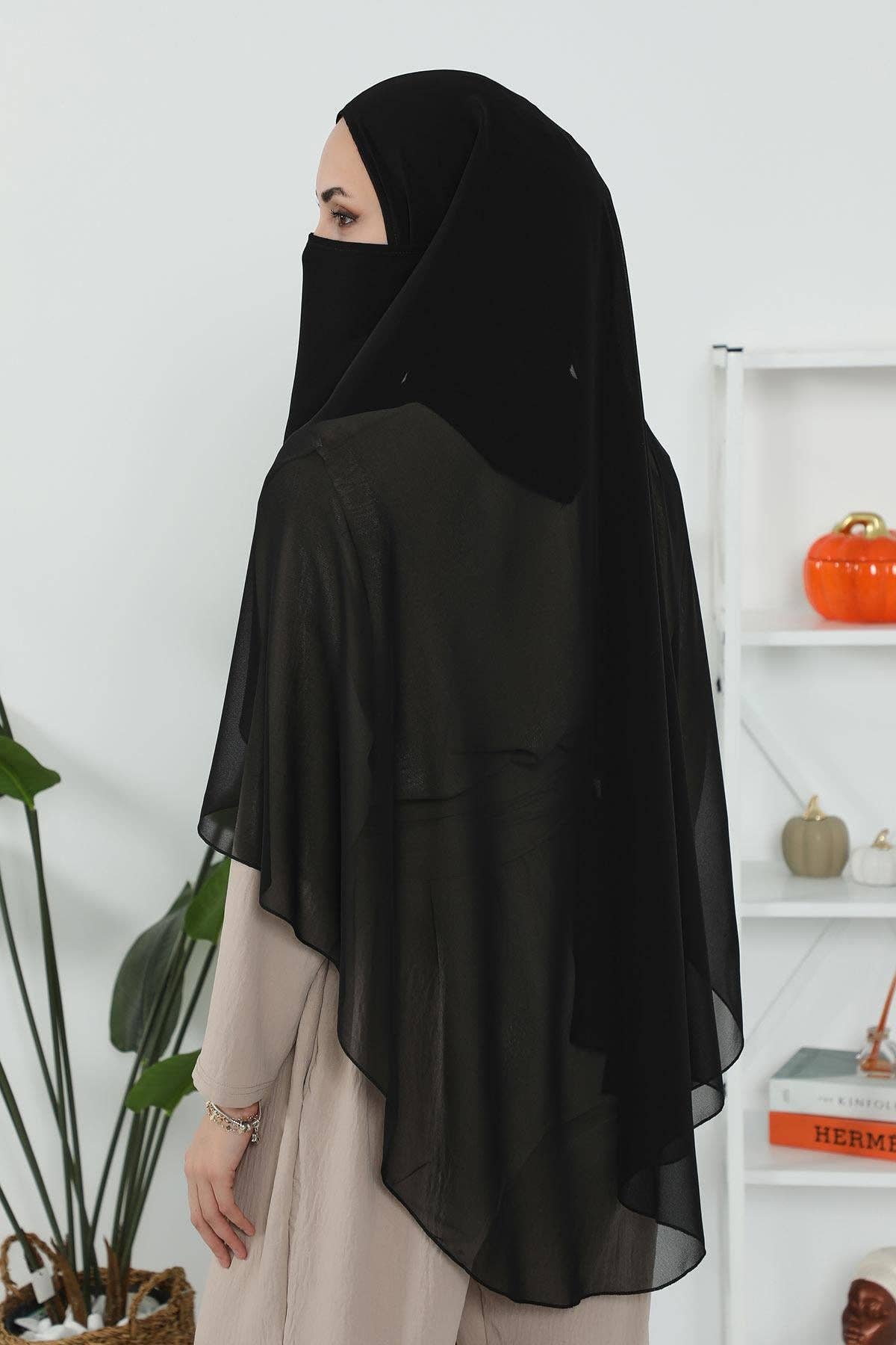 Black Veil with Attached Chiffon Shawl, One-Piece Instant Niqab Hijab Scarf, Lightweight Modest Face and Head Covering,PC-1 for wholesale on Faire3
