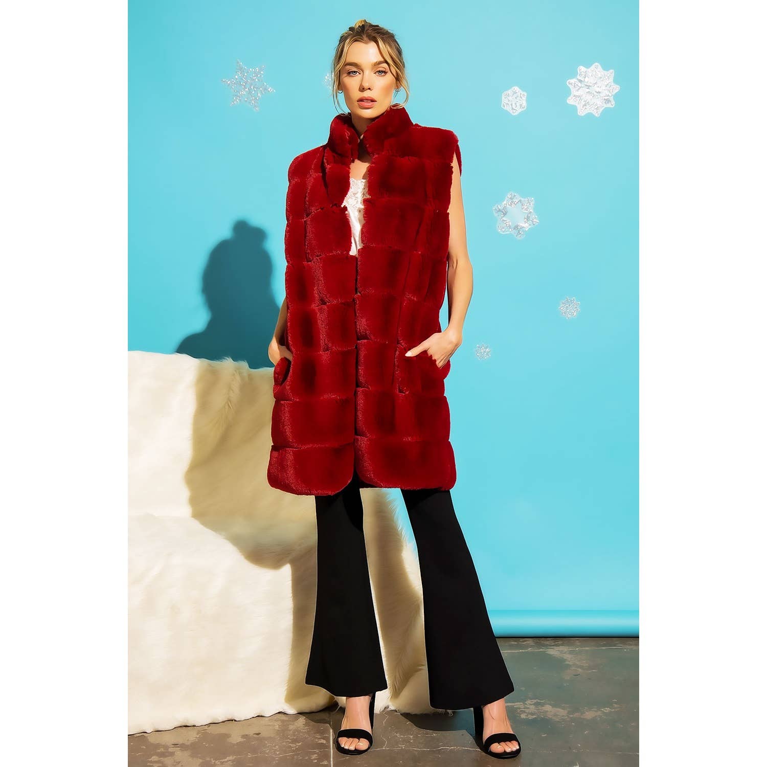 Sweet Generis - Vente Veste sans manches – femme - GILET BOUFFANT LONG EN FOURRURE À COL MONTANT6