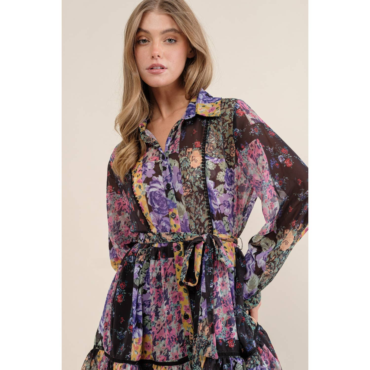 Sweet Generis – wholesale Dress – Women's – FLOWER PRINT LONG SLEEVE SHIRT DRESS13