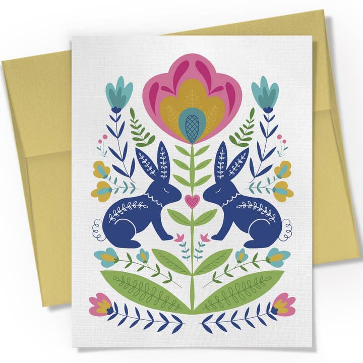 Beckamade - Wholesale Easter Card - Scandinavian Bunnies And Floral Card