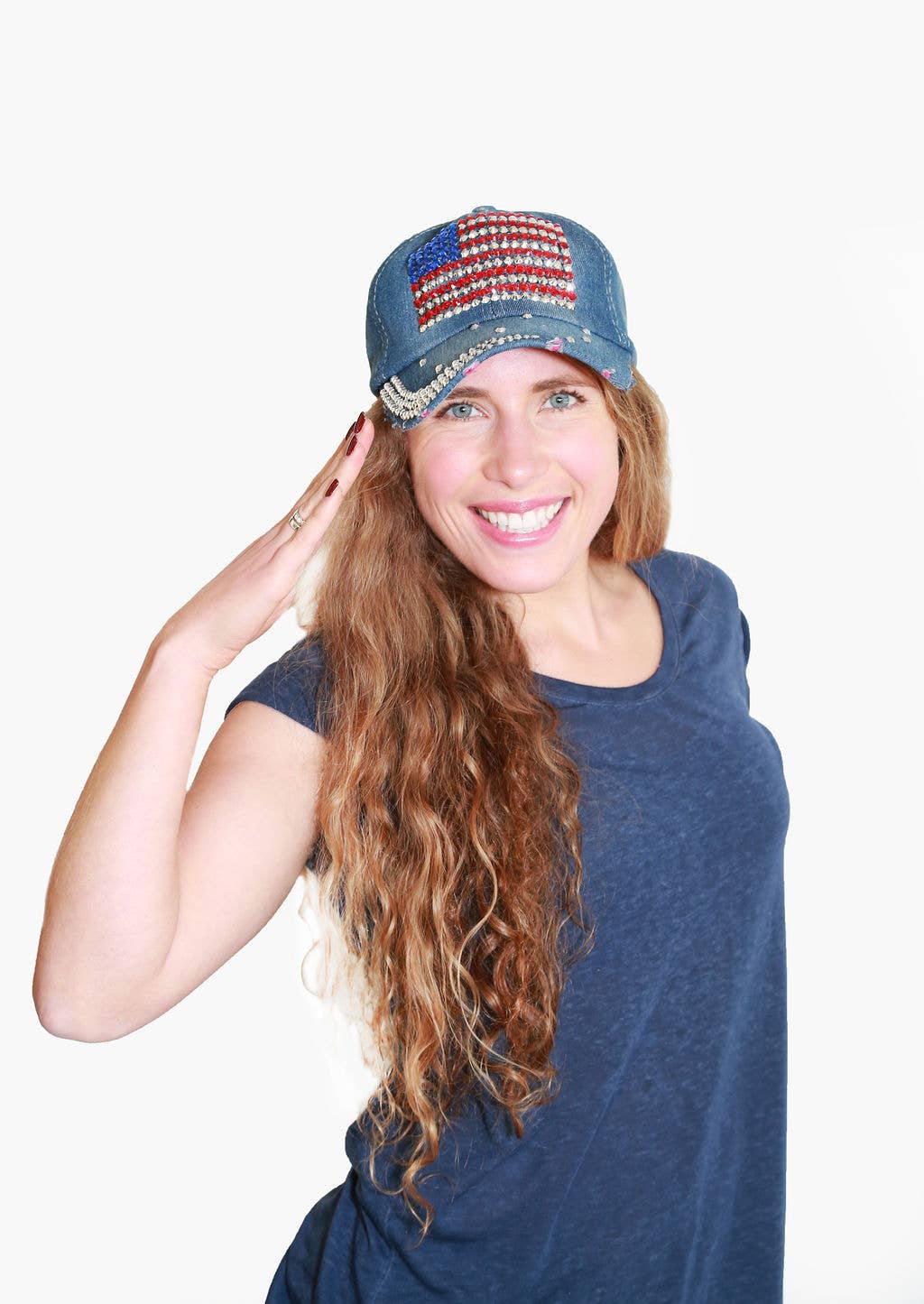 The Alabama Girl - Wholesale Baseball Cap - Women's - Crystallized American Flag Cap - Blue3