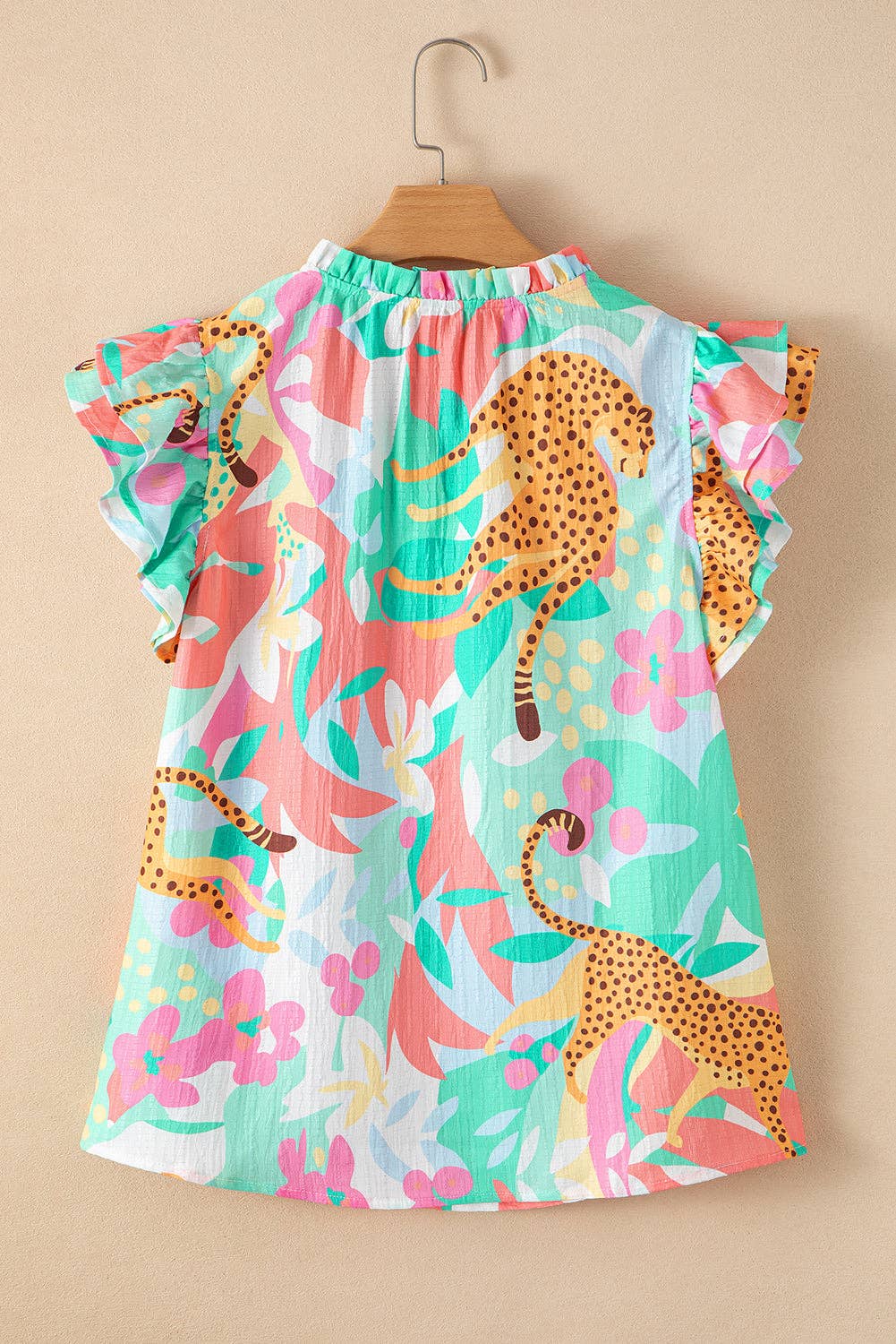 Green Frilly Ruffle Tie Split Neck Summer Floral Blouse for wholesale on Faire4