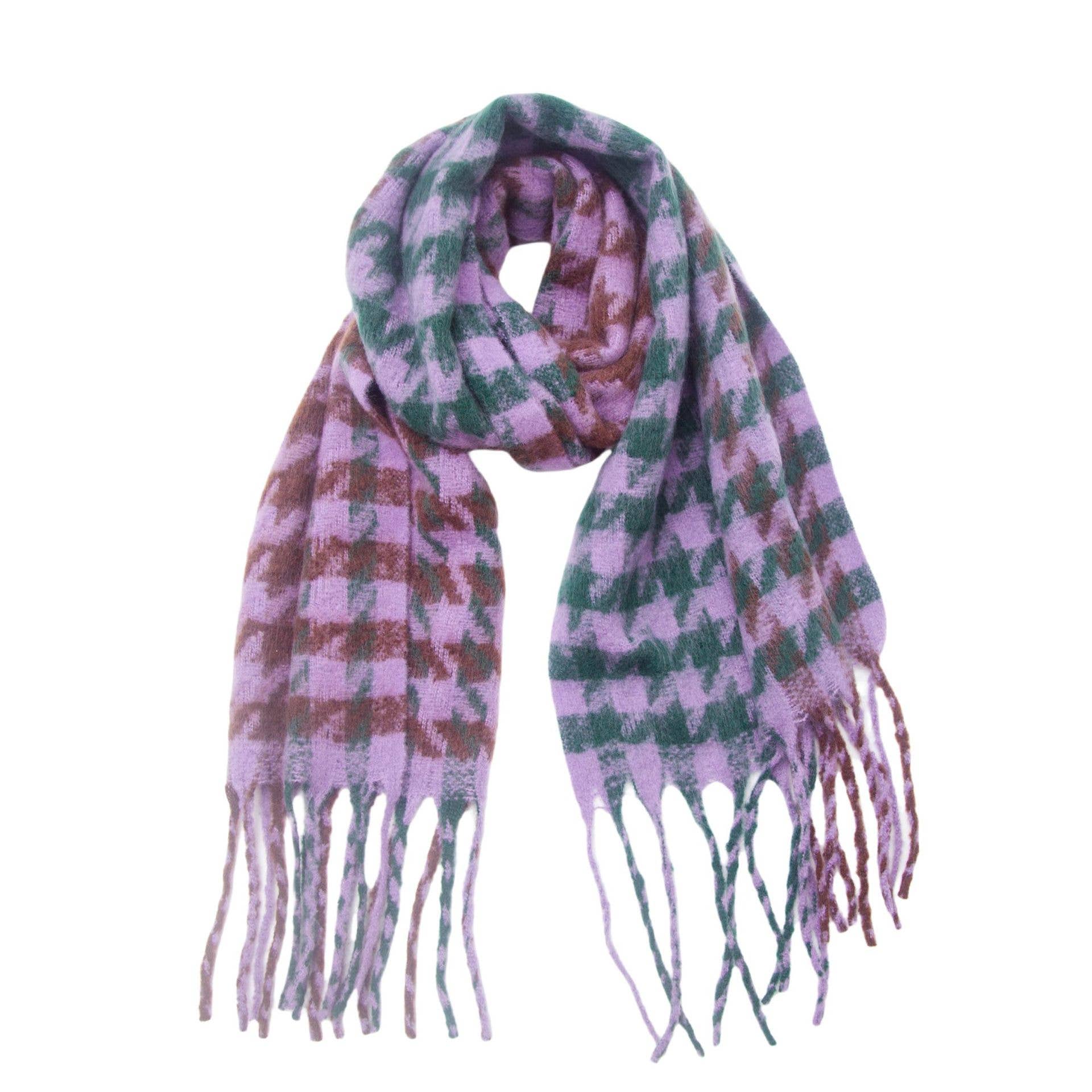 Adorro - Wholesale Scarf - Women's - Soft Two Tone Houndstooth Chunky Fleece Oblong Tassel Scarf1