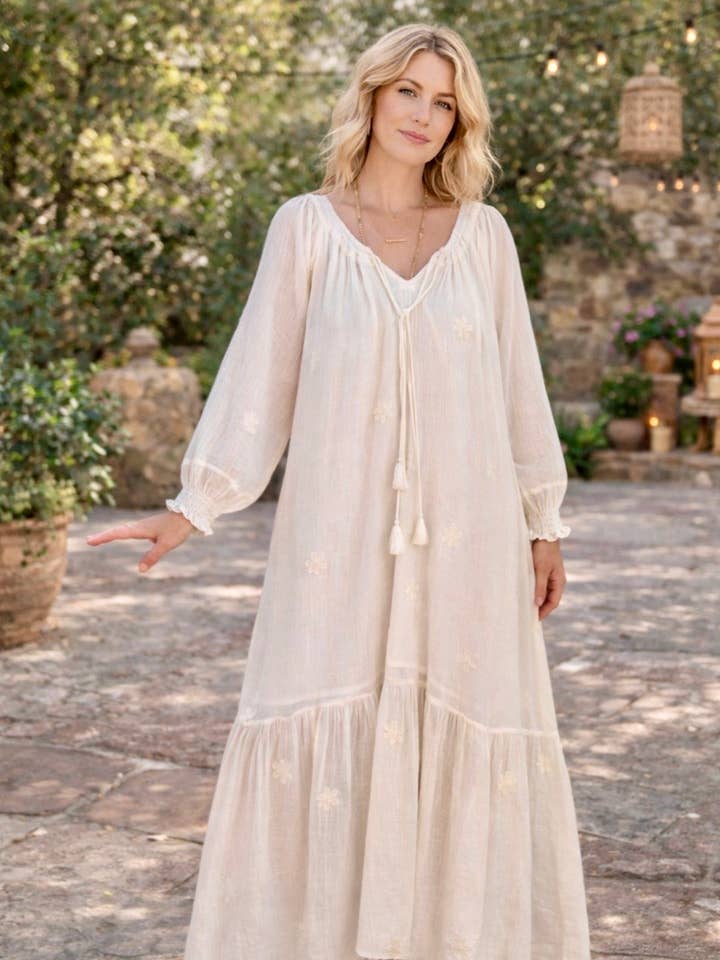 Thelma Embroidered Long Sleeves Maxi Dress & Pockets Natural for wholesale by Blue Boheme
