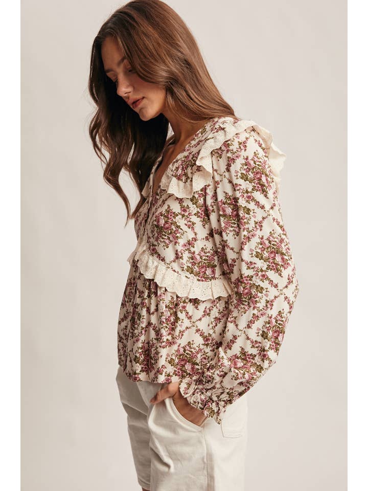 Forte - Wholesale Blouse – Women’s - Eyelet Ruffle Floral Peplum Blouse FT00124