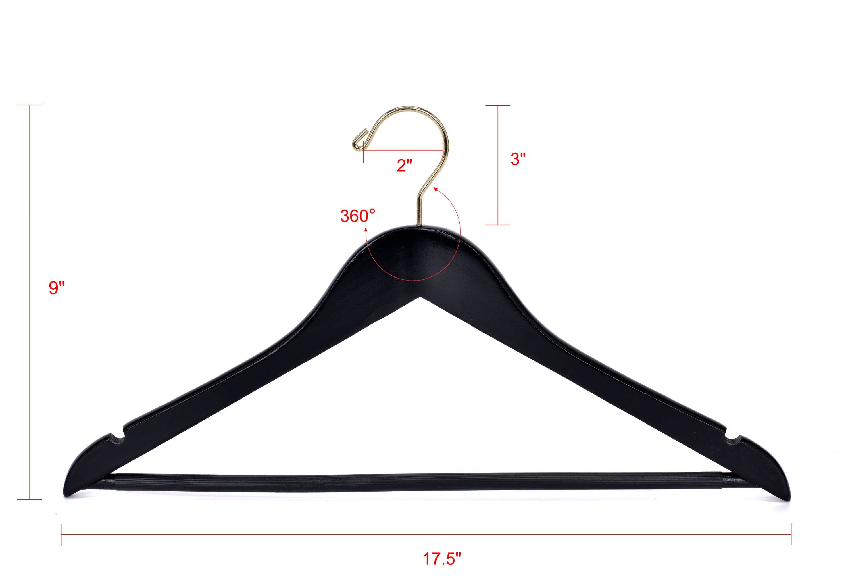 Quality Hangers - Wholesale Clothes Hangers - W070 Semi Curved Wooden Hangers, 17.5" -Black/Gold Hook - 807