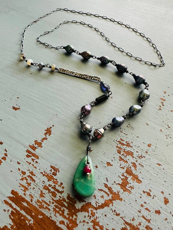 Pearl & Gemstone Necklace with Sterling Silver Quote Bar for wholesale by Peaces of Indigo