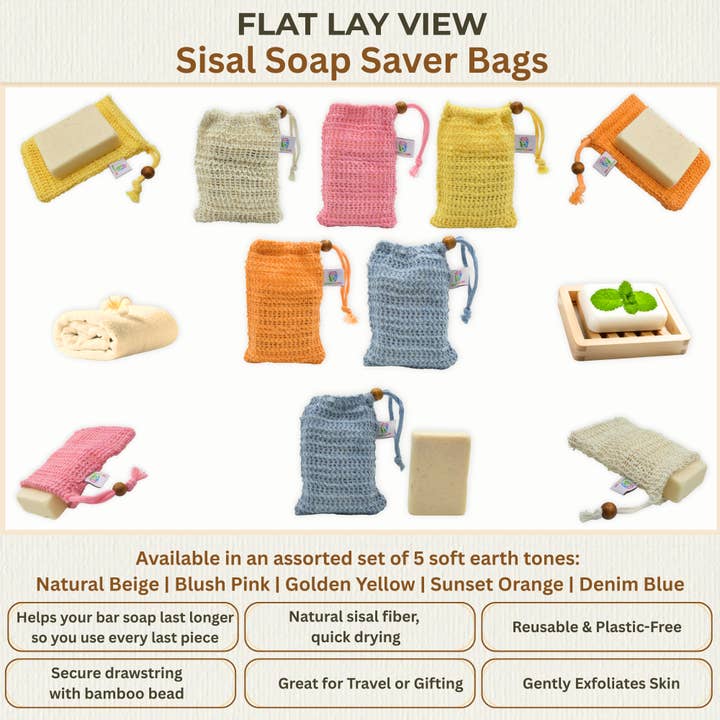 Beauty Blisss - Wholesale Soap Pouch/Sack/Bag - Sisal Soap Saver Bags, 5 & 10 Piece Full Sets Assorted5